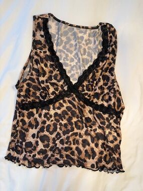 Leopard Mesh Lace Trim Tank Top
